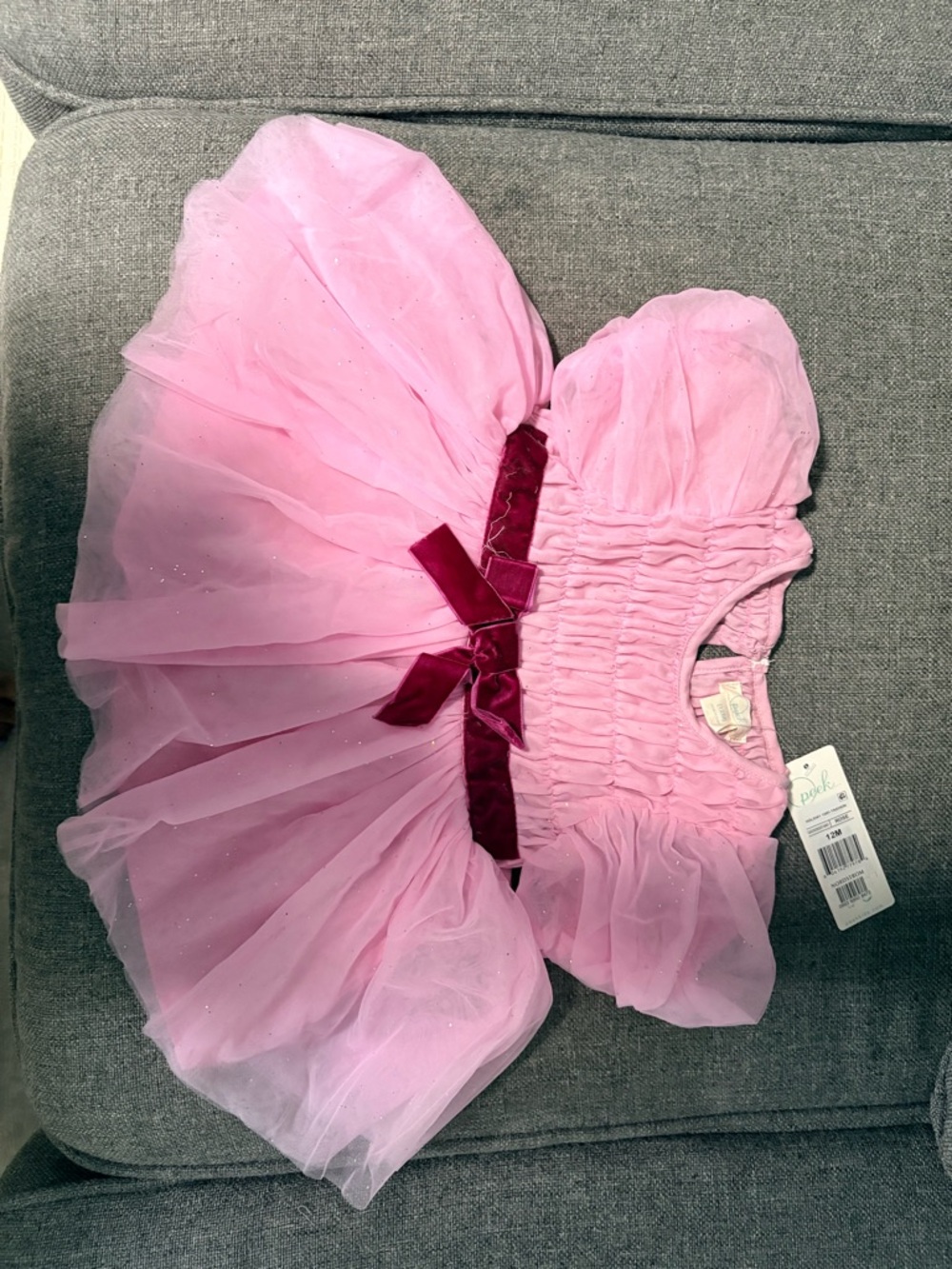 Pink Tulle Baby Dress with Burgundy Velvet Bow